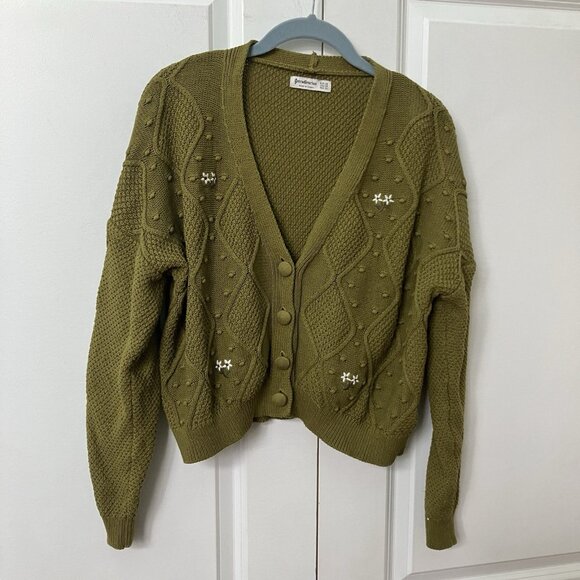 Stradivarius Cropped Cardigan Womens XS Green Floral Cable Knit 3D Green Knit - Picture 2 of 6
